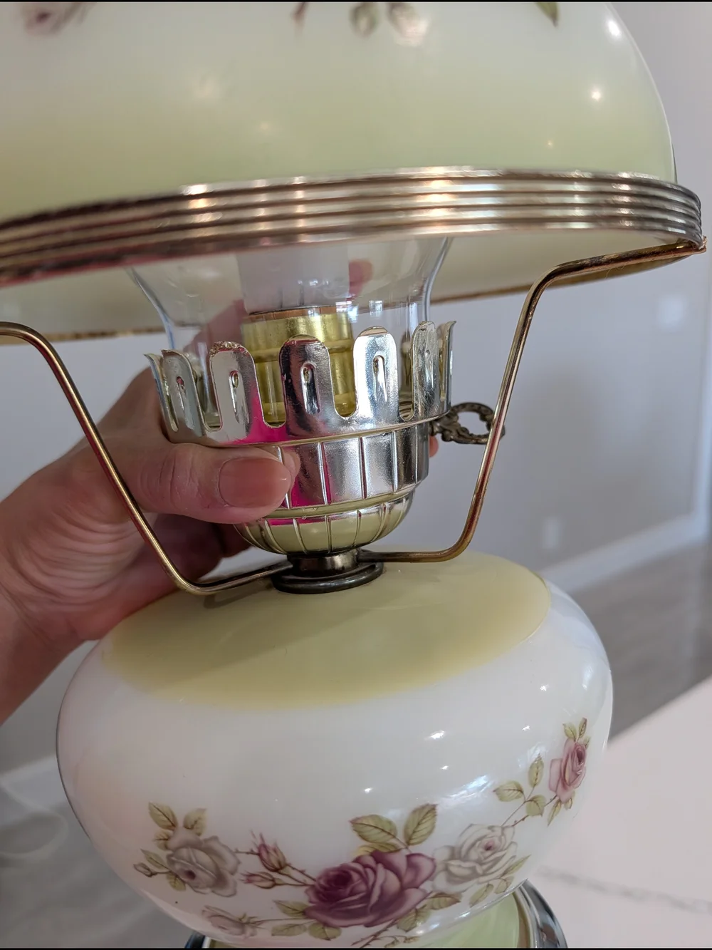 Vintage Gone With the Wind Hurricane Lamp Rose Floral Frosted Milk Glass Works